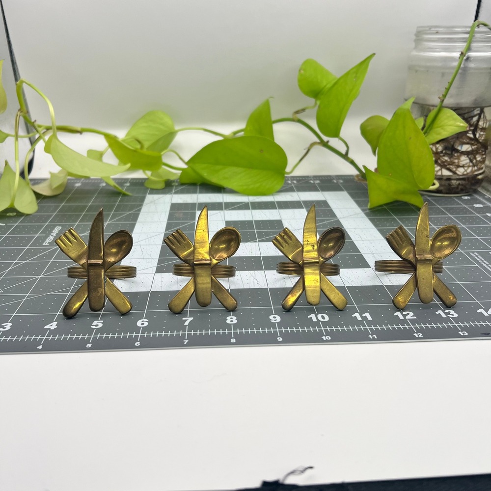 Vintage Solid Brass Cutlery Napkin Rings Set of 4 Fork Knife Spoon Motif